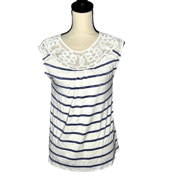 Skies Are Blue White Blue Stripe Sleeveless Lace Yoke Round Neck Top Size XS - Picture 1 of 6